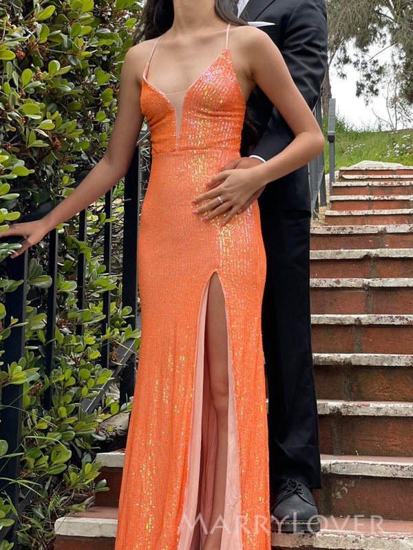 Orange Sequins Mermaid Spaghetti Straps Long Evening Prom Dresses, MR9177