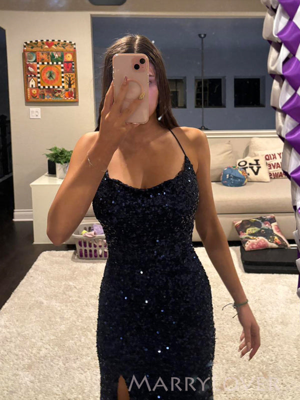 Navy Blue Sequins Side Slit Spaghetti Straps Long Evening Prom Dresses, MR9181