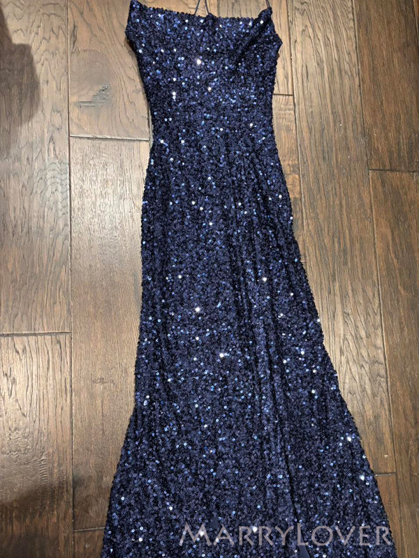 Navy Blue Sequins Side Slit Spaghetti Straps Long Evening Prom Dresses, MR9181