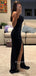 Navy Blue Sequins Side Slit Spaghetti Straps Long Evening Prom Dresses, MR9181