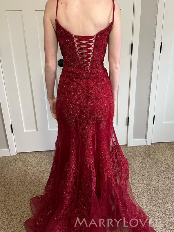 Formal Dark Red Tulle Appliques Mermaid Long Evening Prom Dresses, MR9183