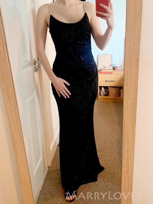 Lovely Black Mermaid Sequins Spaghetti Straps Long Evening Prom Dresses, MR9184