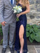 Popular Navy Blue Sequins One Shoulder Side Slit Long Evening Prom Dresses, MR9186