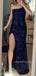 Popular Navy Blue Sequins One Shoulder Side Slit Long Evening Prom Dresses, MR9186