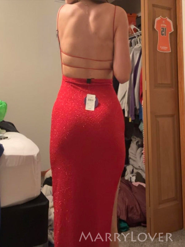 Backless Red Sparkly Sheath Mermaid Long Evening Prom Dresses, MR9187