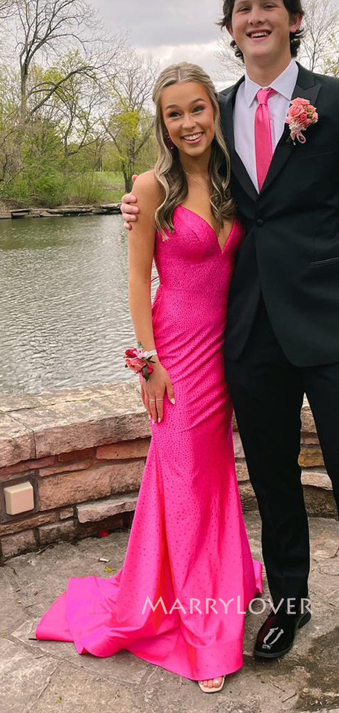 Sexy Backless Hot Pink Mermaid Long Evening Prom Dresses, MR9189