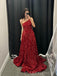 Dark Red Sequins A-line One Shoulder Sparkly Long Evening Prom Dresses, MR9190