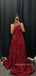 Dark Red Sequins A-line One Shoulder Sparkly Long Evening Prom Dresses, MR9190