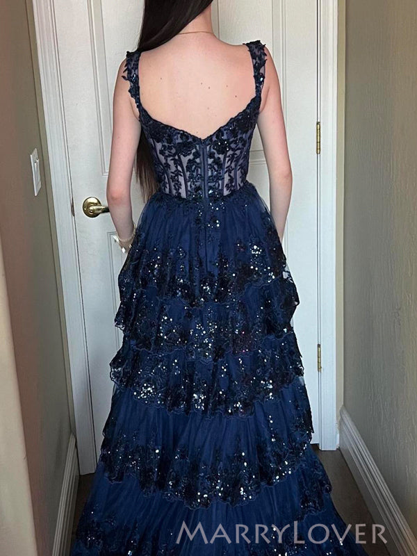 Unique Navy Blue Tulle Appliques A-line Off Shoulder Long Evening Prom Dresses, MR9191