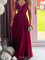 A-line Spaghetti Straps Dark Red Satin Long Evening Prom Dresses, MR9195