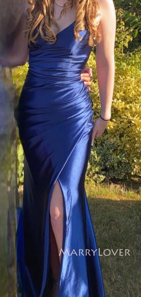 Mermaid Blue Satin Backless V-neck Long Evening Prom Dresses, MR9198