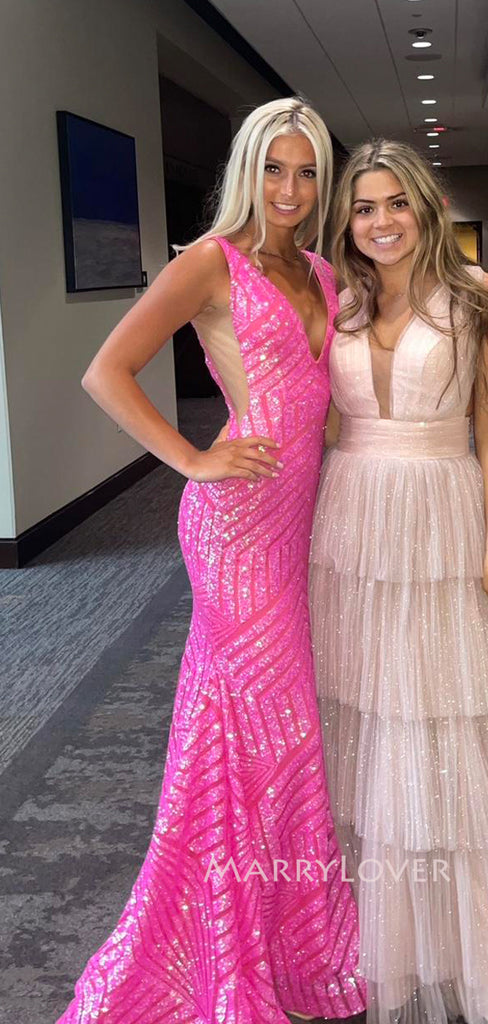 Hot Pink Sparkly Sequins Mermaid V-neck Long Evening Prom Dresses, V-back Prom Dress, MR9200