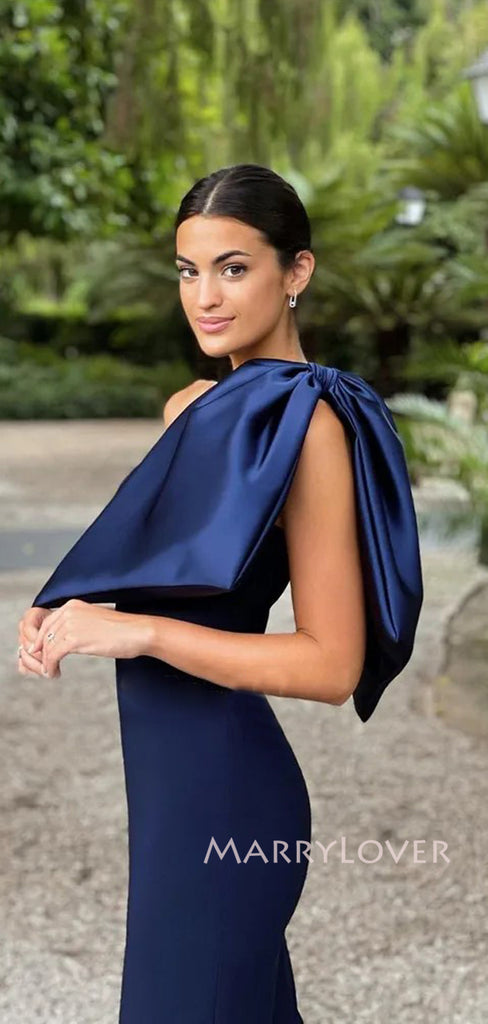 One Shoulder Navy Blue Mermaid Unique Long Evening Prom Dresses, MR9206