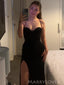 Black Soft Satin Mermaid Side Slit Long Evening Prom Dresses, MR9209