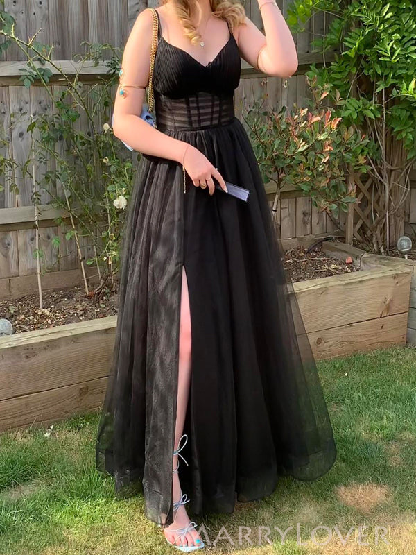 V-neck Black Tulle A-line Long Evening Prom Dresses, Side Slit Custom Prom Dress, MR9210