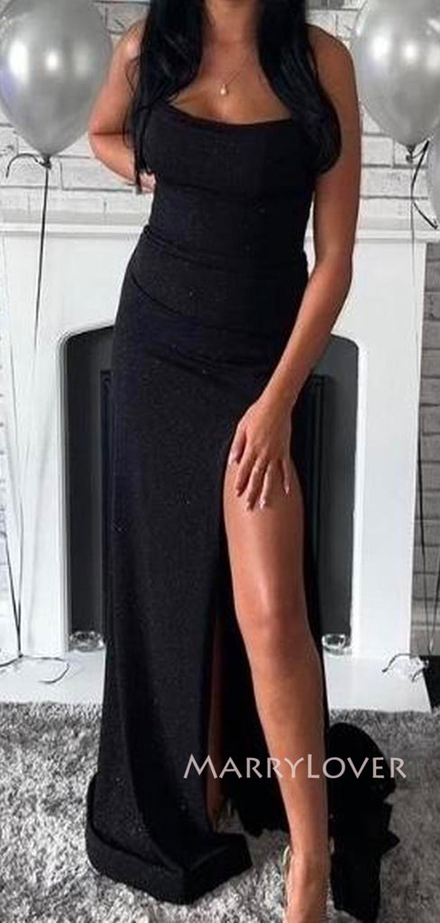 Sparkly Black Mermaid Long Evening Prom Dresses, Sheath Spaghetti Straps Prom Dress, MR9214