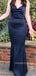 Navy Blue Satin Spaghetti Straps Formal Long Evening Prom Dresses, MR9215