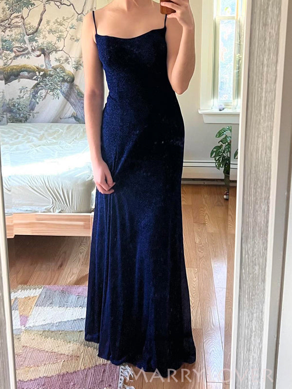 Simple Navy Blue Sheath Side Slit Long Evening Prom Dresses, MR9223