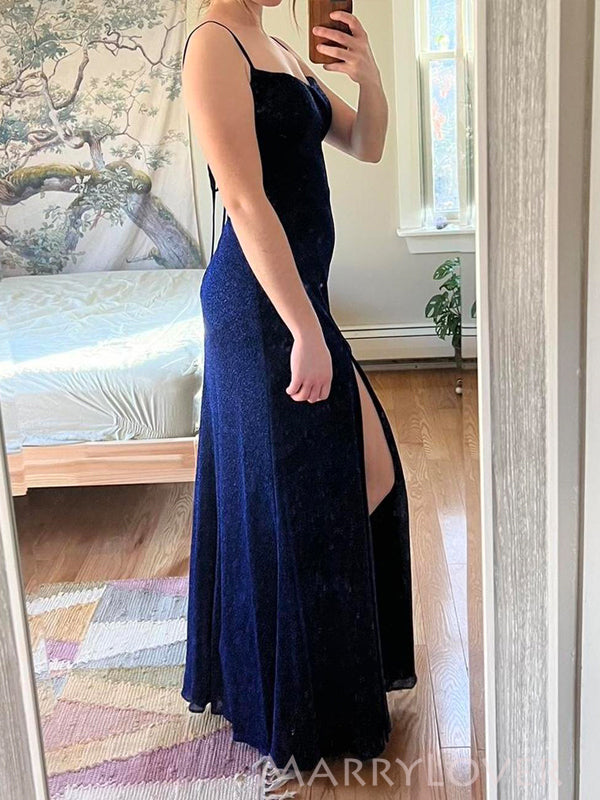 Simple Navy Blue Sheath Side Slit Long Evening Prom Dresses, MR9223