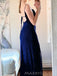 Simple Navy Blue Sheath Side Slit Long Evening Prom Dresses, MR9223