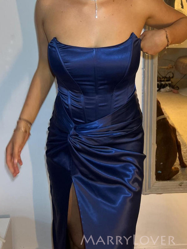 Bateau Blue Satin Mermaid Side Slit Long Evening Prom Dresses, Strapless Custom Prom Dress, MR9226