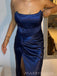 Bateau Blue Satin Mermaid Side Slit Long Evening Prom Dresses, Strapless Custom Prom Dress, MR9226