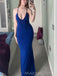 Elegant V-neck Blue Mermaid Backless Long Evening Prom Dresses, MR9227