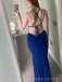 Elegant V-neck Blue Mermaid Backless Long Evening Prom Dresses, MR9227