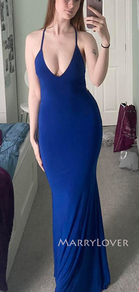 Elegant V-neck Blue Mermaid Backless Long Evening Prom Dresses, MR9227