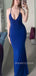 Elegant V-neck Blue Mermaid Backless Long Evening Prom Dresses, MR9227