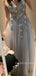 Blue Tulle Appliques V-neck Long Evening Prom Dresses, A-line Custom Prom Dress, MR9230