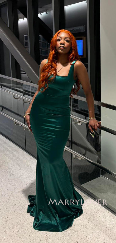 Emerald Green Satin Formal Mermaid Straps Long Evening Prom Dresses, MR9234