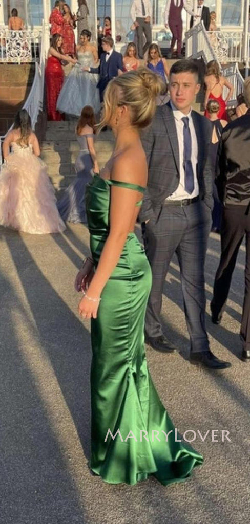 Backless Green Satin Off Shoulder Long Evening Prom Dresses, MR9235