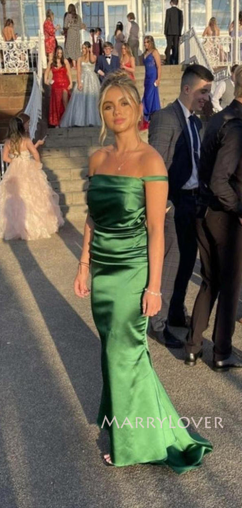 Backless Green Satin Off Shoulder Long Evening Prom Dresses, MR9235