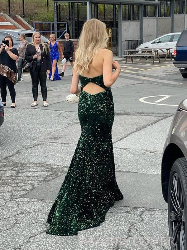 Dark Green Sequins Sweetheart Mermaid Side Slit Long Evening Prom Dresses, MR9236