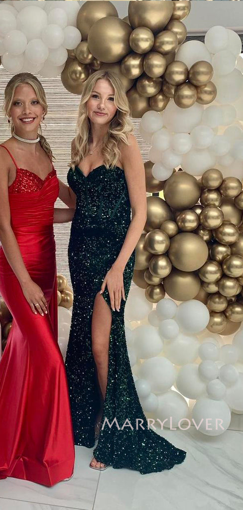 Dark Green Sequins Sweetheart Mermaid Side Slit Long Evening Prom Dresses, MR9236