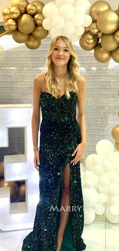 Dark Green Sequins Sweetheart Mermaid Side Slit Long Evening Prom Dresses, MR9236