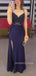 Spaghetti Straps Navy Blue Jersey Appliques Long Evening Prom Dresses, MR9237