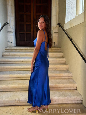 Simple Royal Blue Satin Long Evening Prom Dresses, Spaghetti Straps Prom Dress, MR9242
