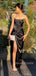 Strapless Blue Satin Side Slit Long Evening Prom Dresses, Bateau Prom Dress, MR9244