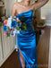 High Slit Blue Satin Long Evening Prom Dresses, Strapless Prom Dress, MR9245