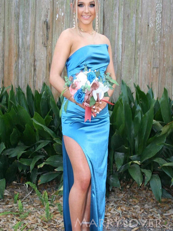 High Slit Blue Satin Long Evening Prom Dresses, Strapless Prom Dress, MR9245