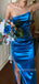 High Slit Blue Satin Long Evening Prom Dresses, Strapless Prom Dress, MR9245