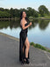 Black Satin One Shoulder High Slit Long Evening Prom Dresses, MR9248