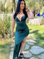 Sexy V-neck Dark Green Mermaid Long Evening Prom Dresses, High Slit Prom Dress, MR9256