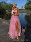 Pink Tulle A-line V-neck Long Evening Prom Dresses, Spaghetti Straps Ball Gown, MR9261