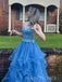 Blue Tulle Appliques Sweetheart A-line Long Evening Prom Dresses, MR9264