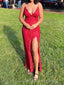 Red V-neck Lace Mermaid Long Evening Prom Dresses, Back Side Slit Prom Dress, MR9266