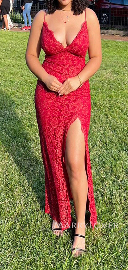 Red V-neck Lace Mermaid Long Evening Prom Dresses, Back Side Slit Prom Dress, MR9266