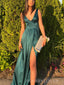 Floor-length A-line Satin V-neck Long Evening Prom Dresses, V-back Prom Dress, MR9267